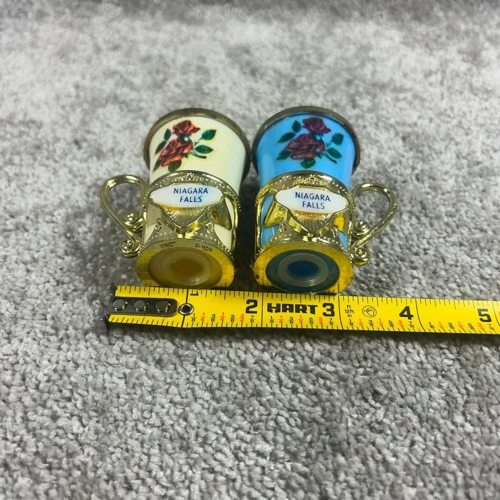 Vintage Niagara Falls Salt and Pepper Shakers Blue Cream Gold Floral Souvenir